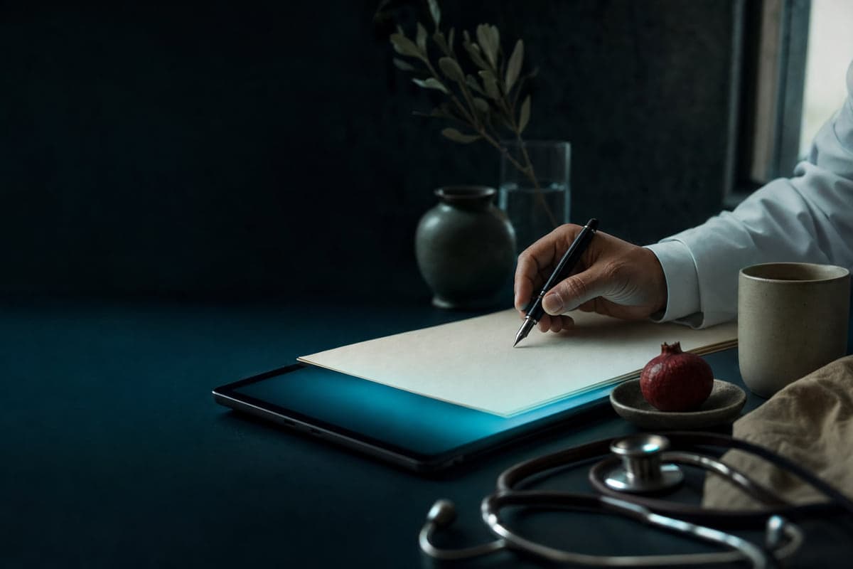 دست پزشک با خودنویس روی برگه ای سفید، روشن شده با نور فیروزه ای یک تبلت، کنار گوشی پزشکی