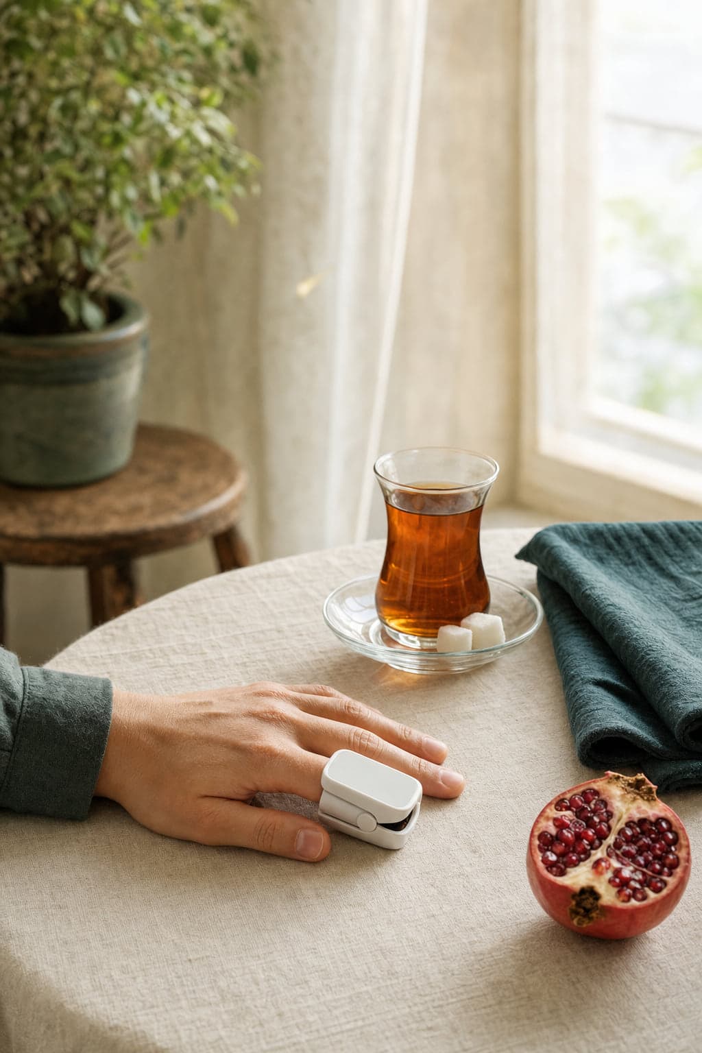 دستی آرام روی میز، با پالس اکسیمتر روی انگشت، کنار یک استکان چای و نیمه ای انار در نور صبح خانه